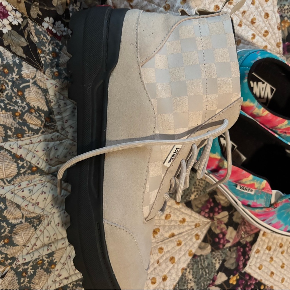 Vans Cream and Black Checkered Sneakers